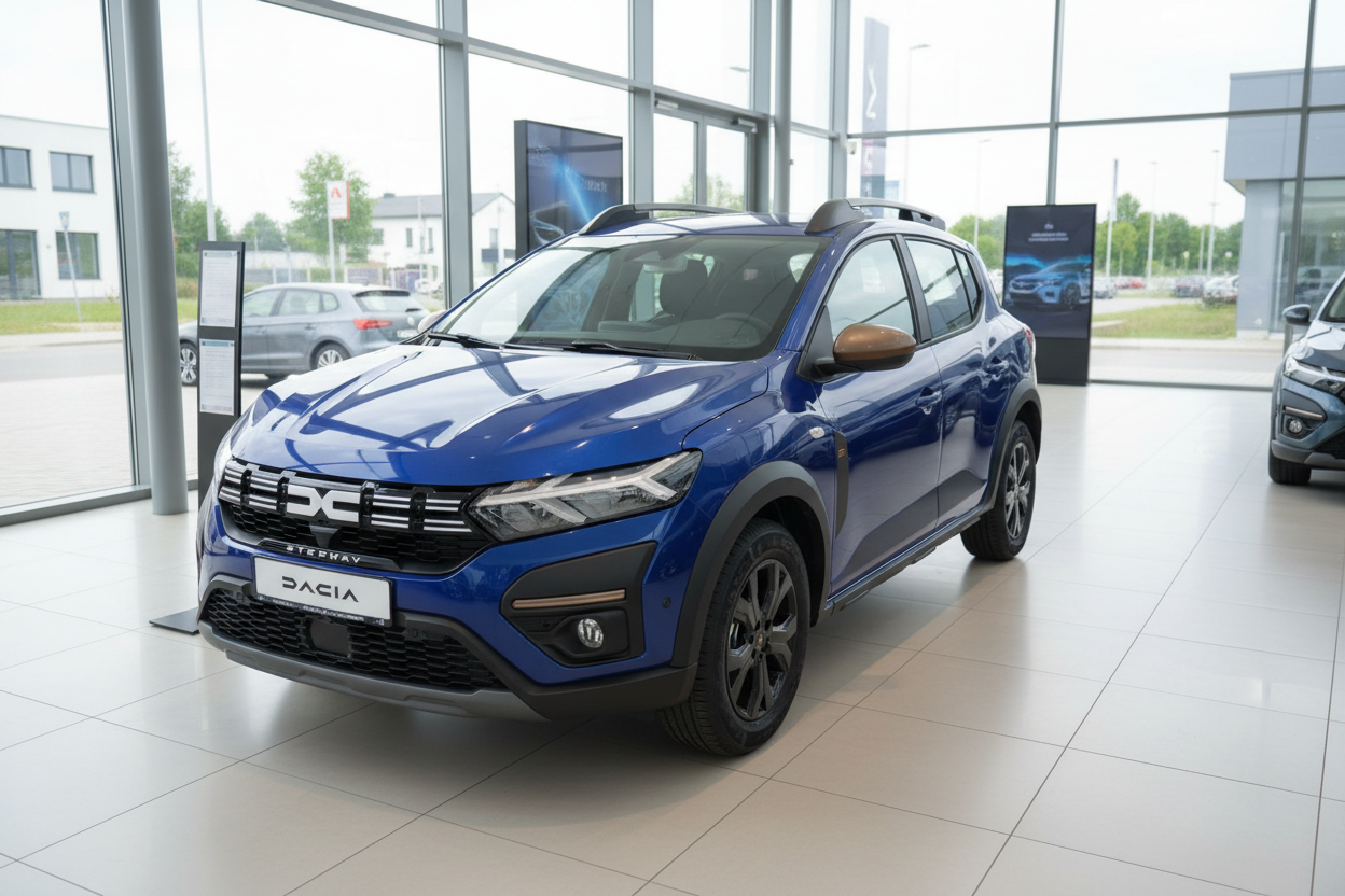 Blauer Dacia Sandero Stepway Crossover in einem Autohaus-Showroom
