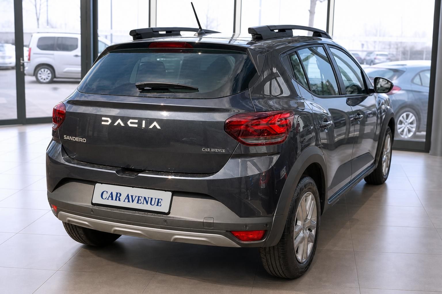 Dacia Sandero Heckansicht mit Dachreling im Autohaus