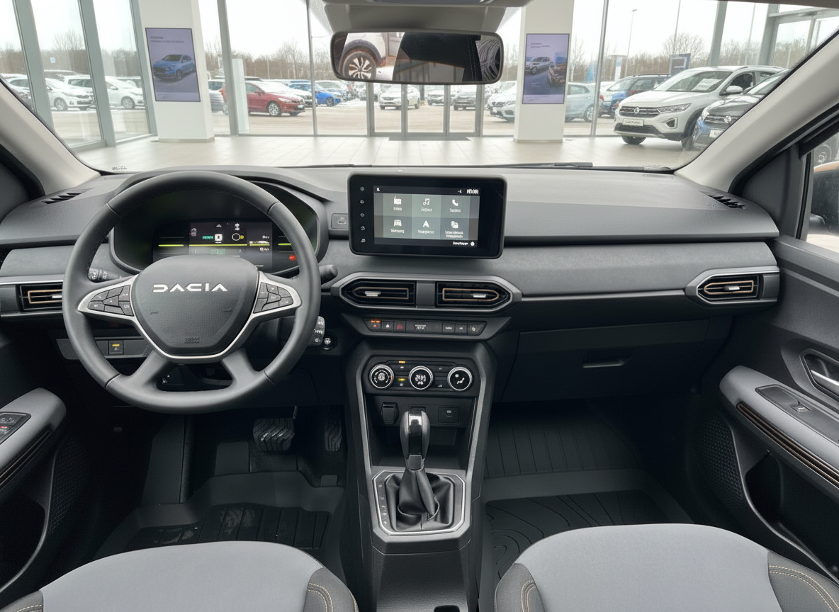 Dacia Innenraum Cockpit mit Touchscreen Infotainment und Automatikgetriebe im Autohaus