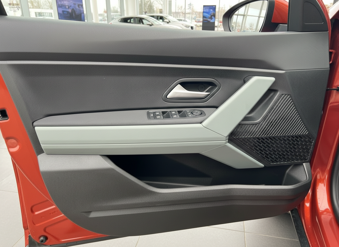 Fahrzeuginnenraum Fahrertür mit Fensterheber und Lautsprecher in rotem Auto