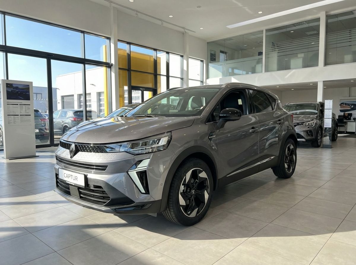 Renault Captur in Grau im Autohaus Showroom – moderner Kompakt-SUV Frontansicht