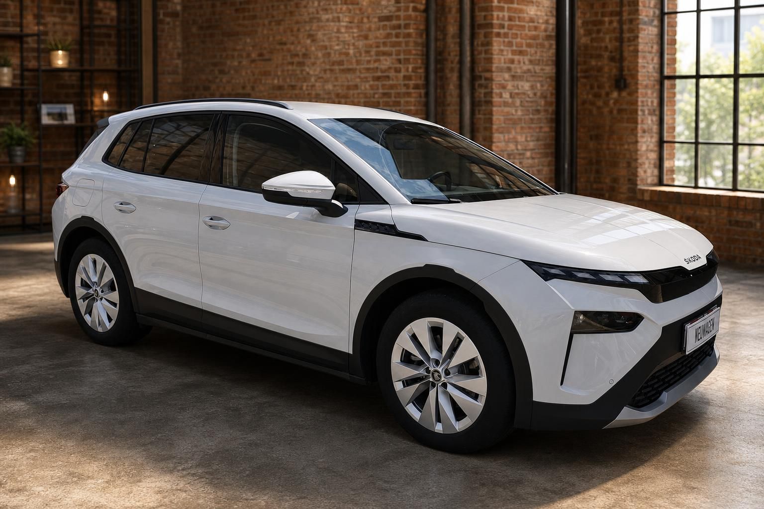 Škoda Elroq weiß, Frontansicht schräg, Neuwagen SUV Elektro