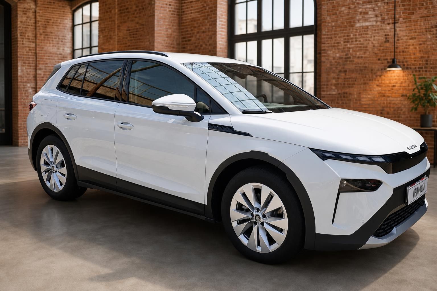 Skoda SUV in Weiß, Seitenansicht vorne in historischer Industriehalle
