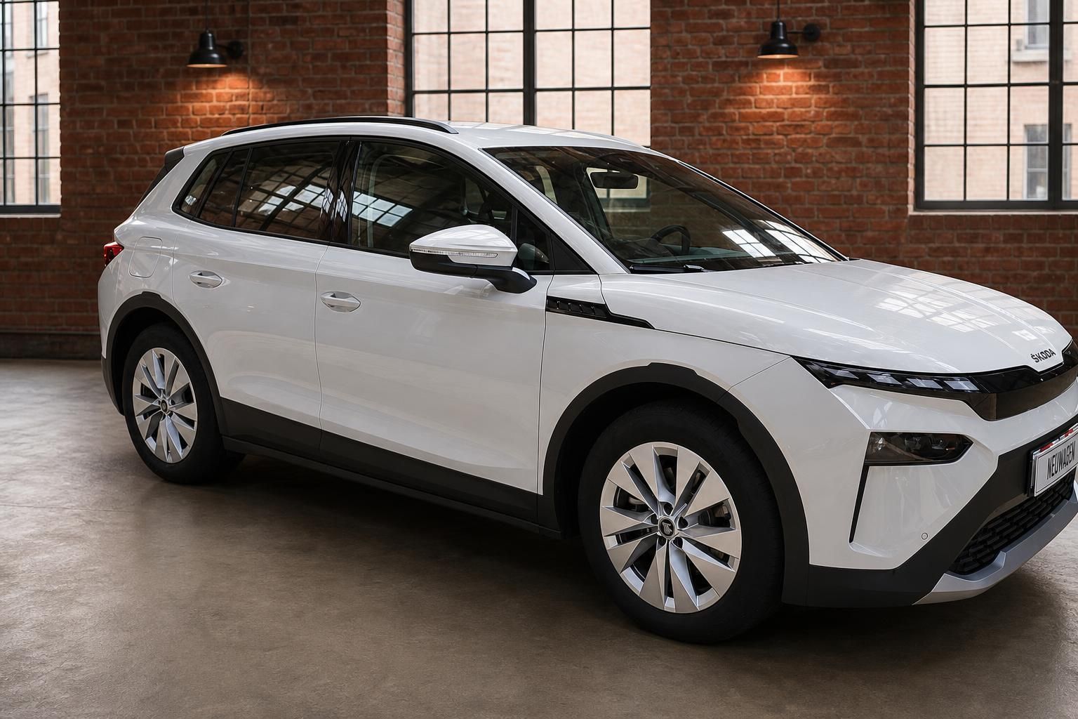 Weißer Skoda SUV Seitenansicht in Showroom mit Backsteinwand