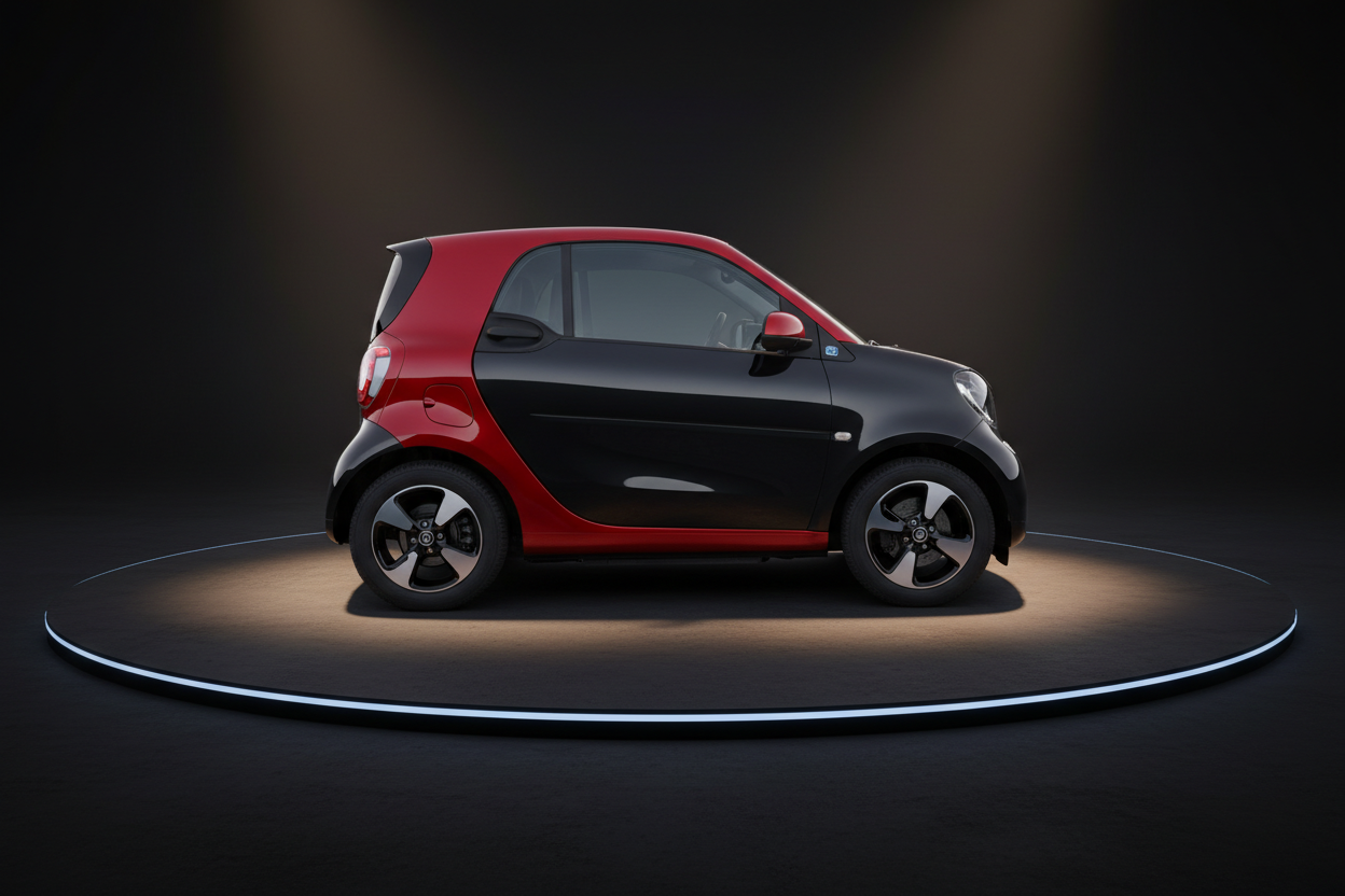 Smart ForTwo in Rot-Schwarz im Mercedes-Benz Autohaus Showroom - Seitenansicht des kompakten Zweisitzers mit modernen Leichtmetallfelgen auf poliertem Boden