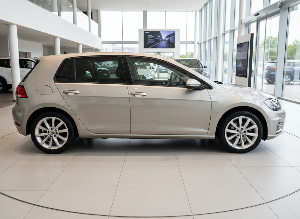 Volkswagen Golf 7 Limousine in Champagnersilber im Autohaus Showroom Seitenansicht