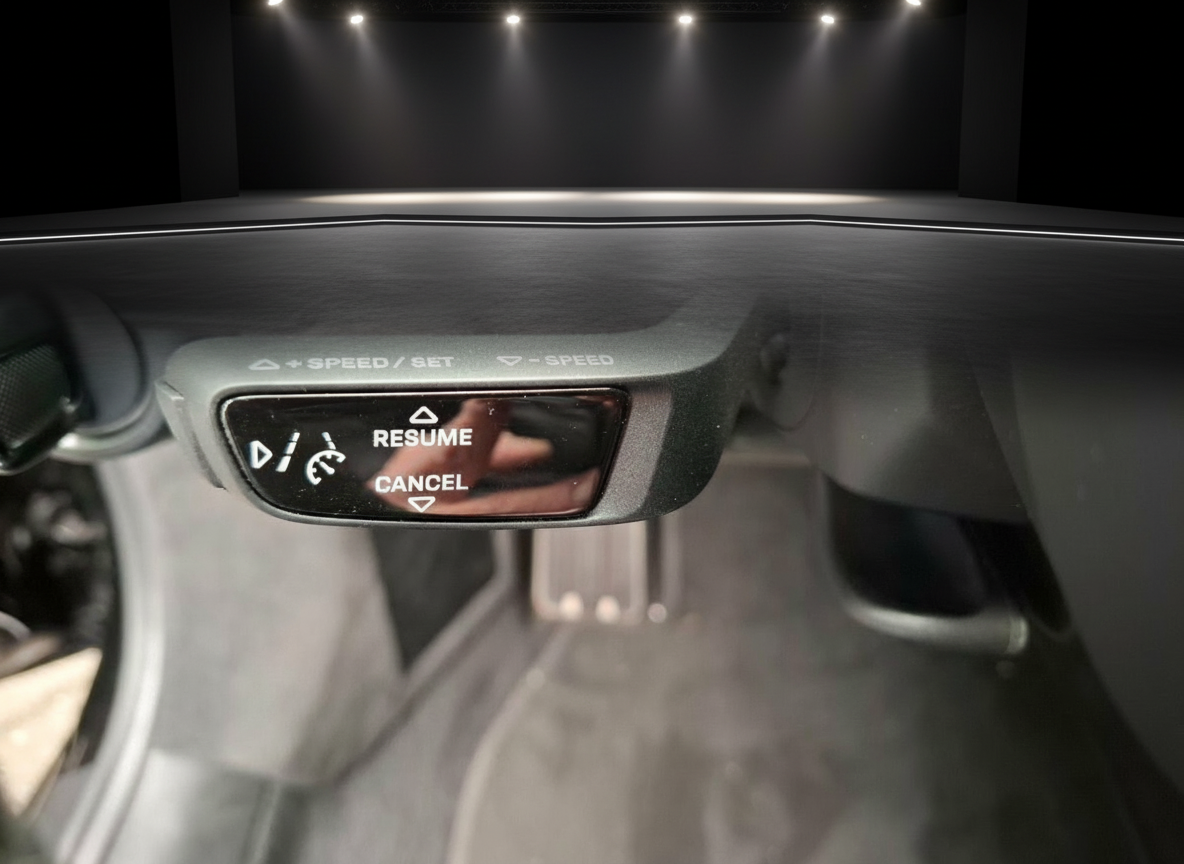 Lenkstockhebel mit Tempomat-Bedienfeld Resume Cancel Speed Set im Fahrzeuginnenraum