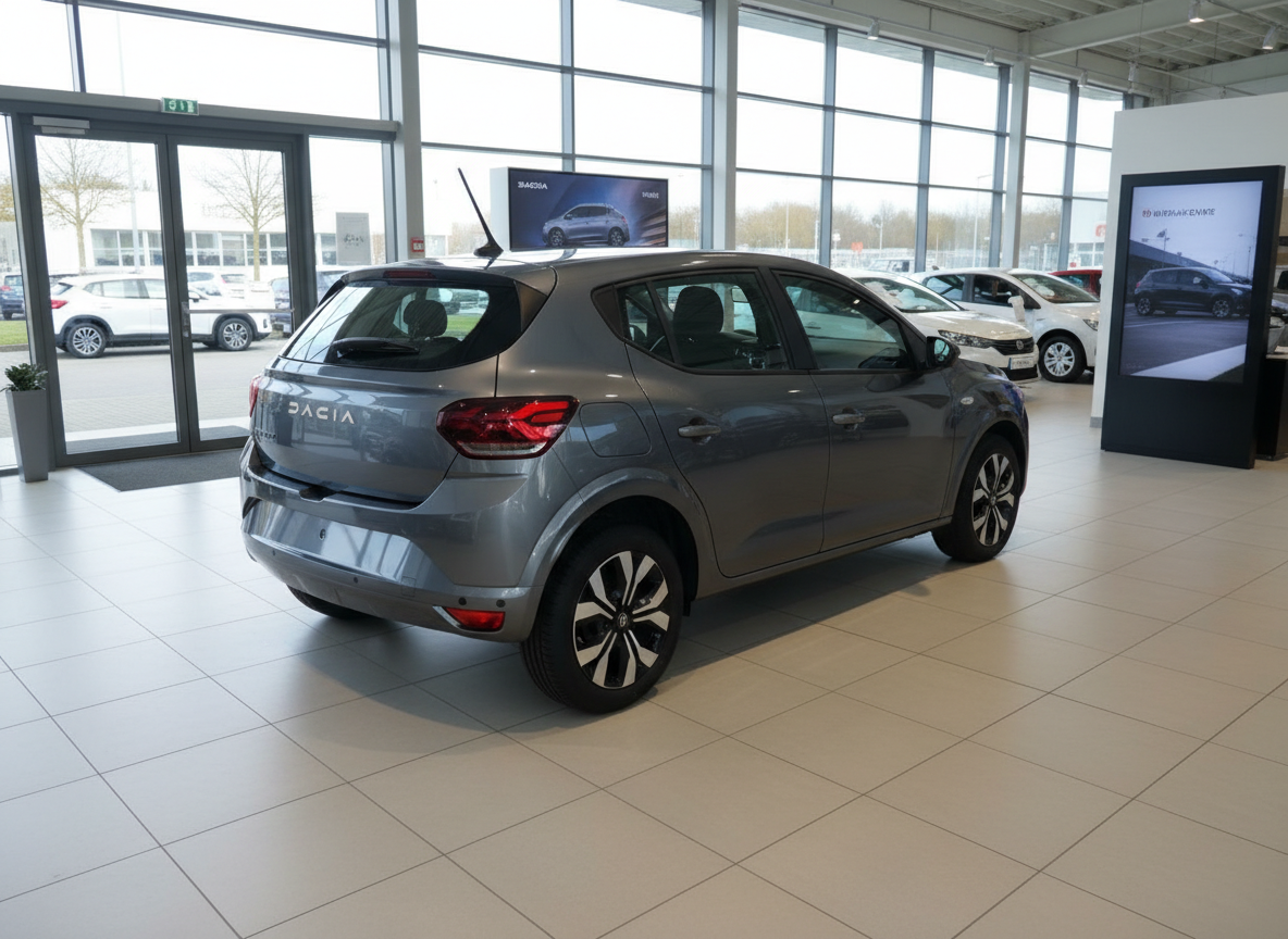 Dacia Sandero in Grau metallic Heckansicht im Autohaus Showroom