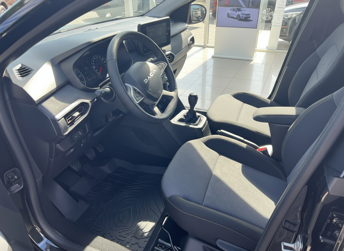 Dacia Innenraum mit Lenkrad, Schaltgetriebe und grauen Stoffsitzen im Autohaus