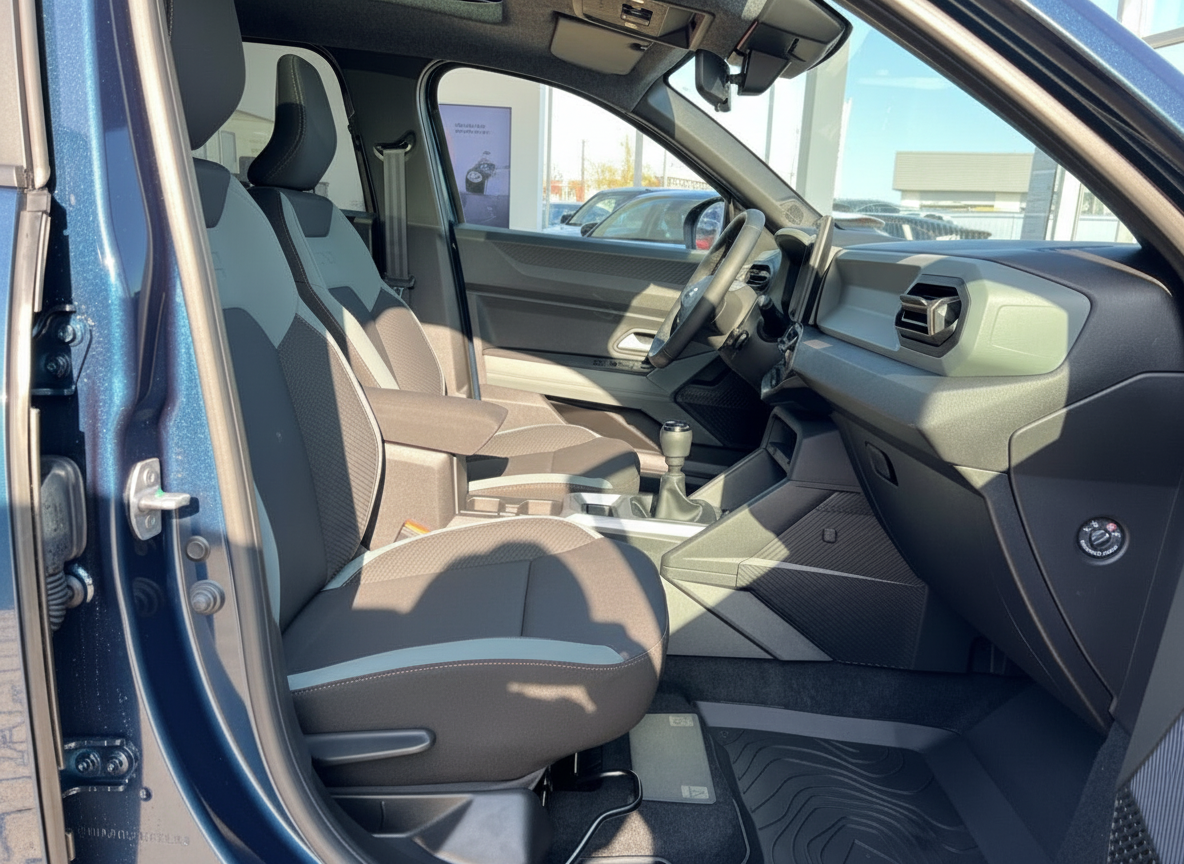 Fahrzeug Innenraum Fahrersitz mit modernem Cockpit und Mittelkonsole mit Schaltgetriebe