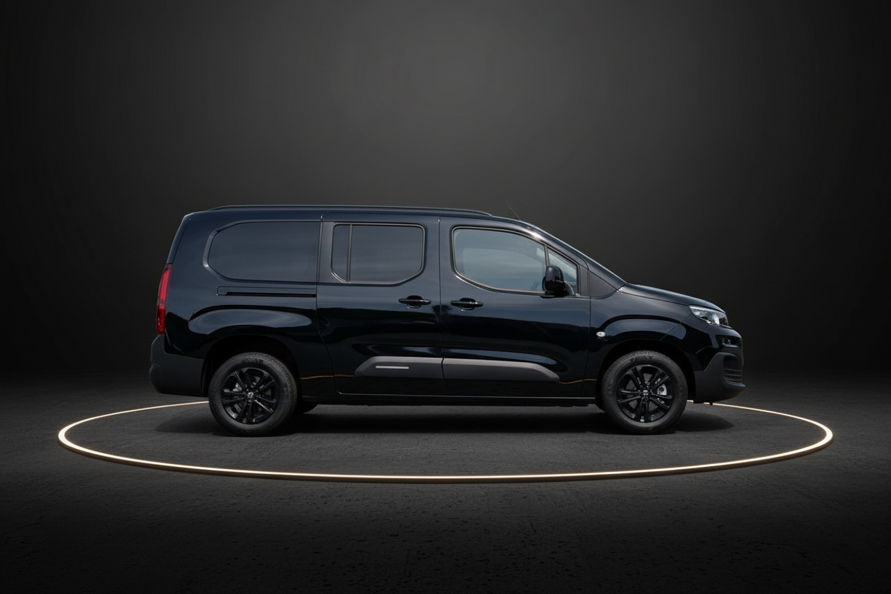 Schwarzer Peugeot Rifter/Partner in Seitenansicht auf dunklem Studiohintergrund