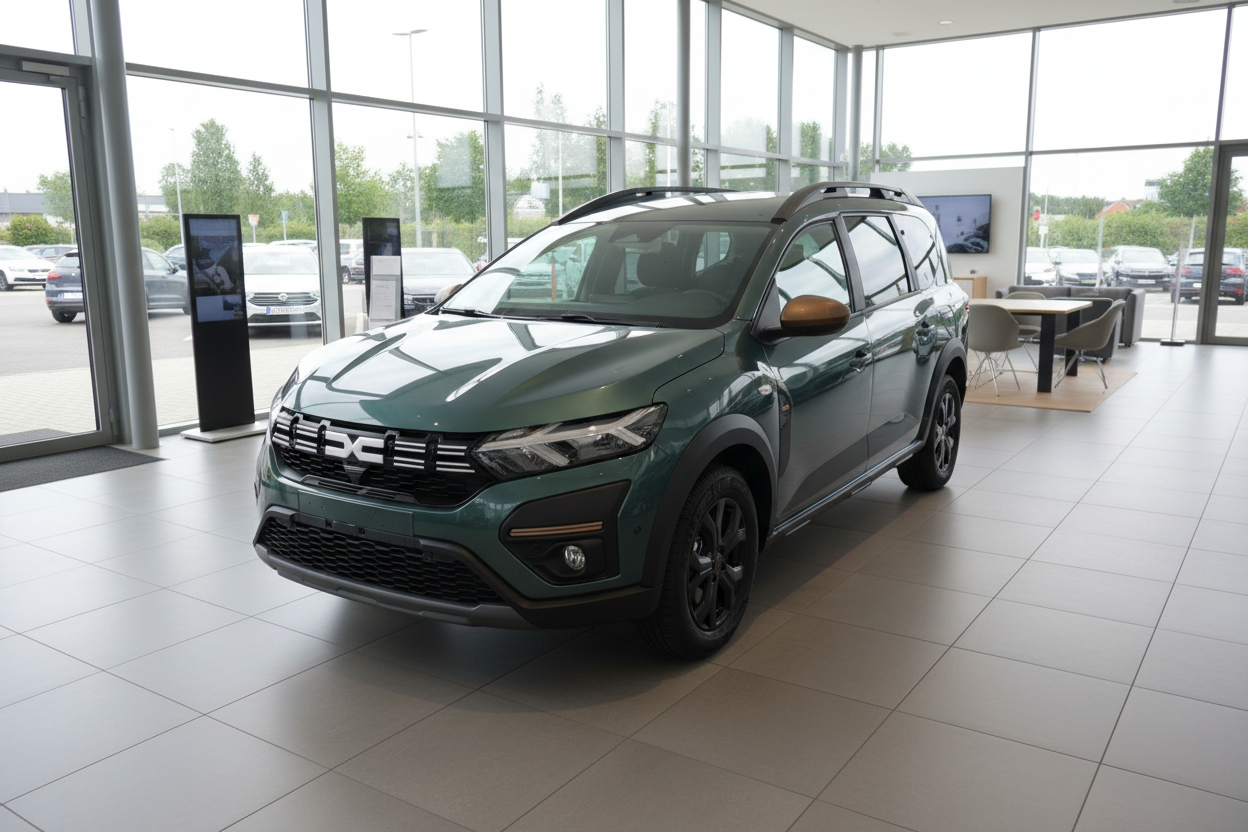 Dacia Jogger in Dunkelgrün im Autohaus Showroom – Frontansicht mit schwarzem Dach