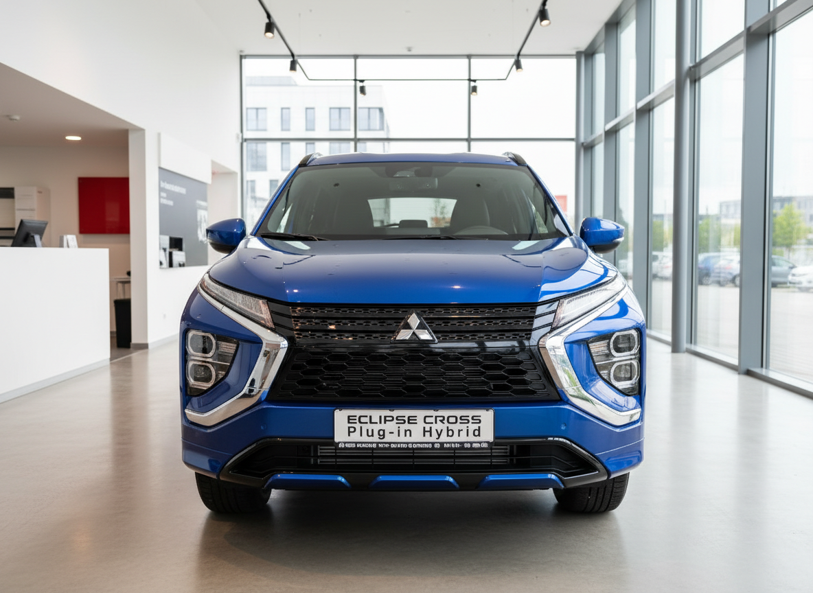 Mitsubishi Eclipse Cross Plug-in Hybrid in Blau – Frontansicht im Autohaus