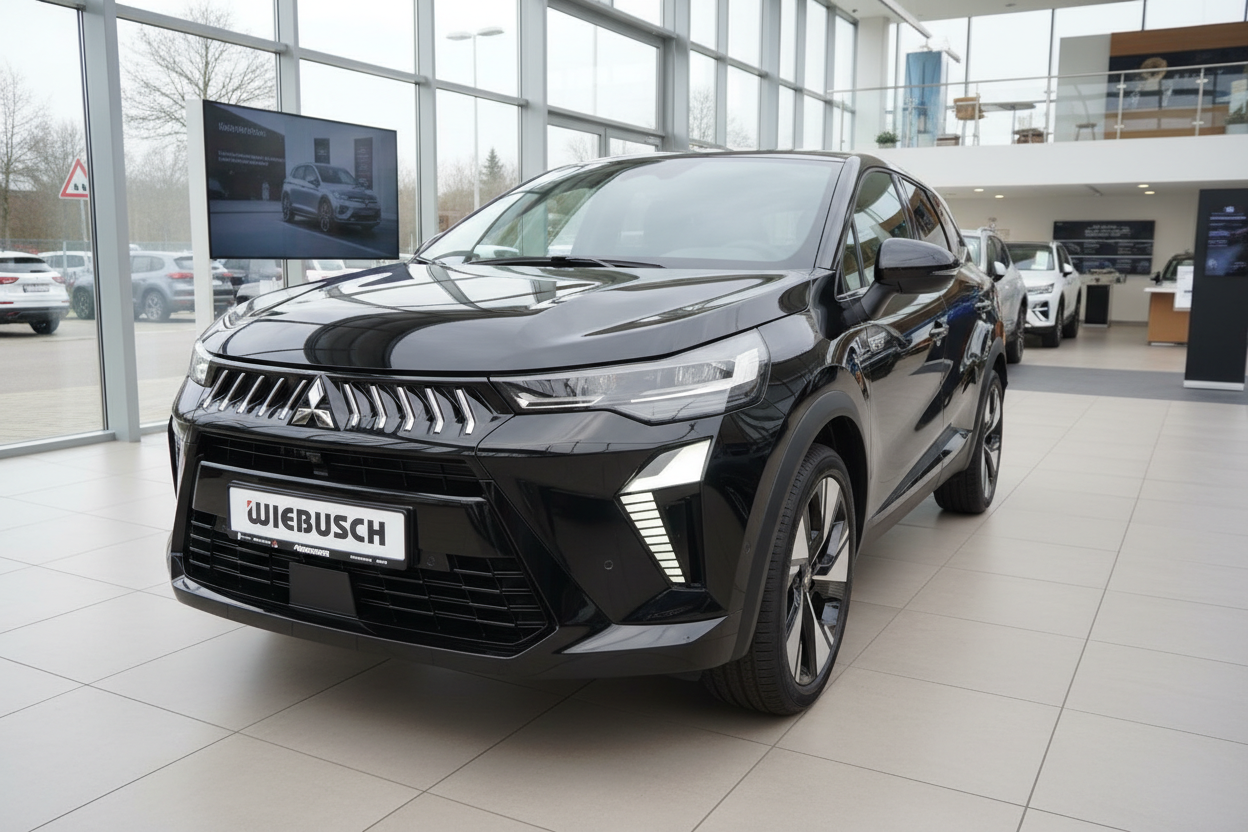 Schwarzer Mitsubishi SUV in Autohaus Wiebusch Showroom – Frontansicht