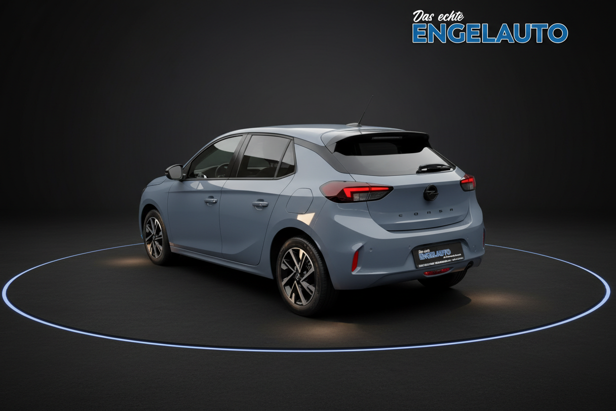 Opel Corsa Heckansicht in Hellblau-Metallic mit LED-Rückleuchten und Alufelgen - Gebrauchtwagen bei Engelauto kaufen