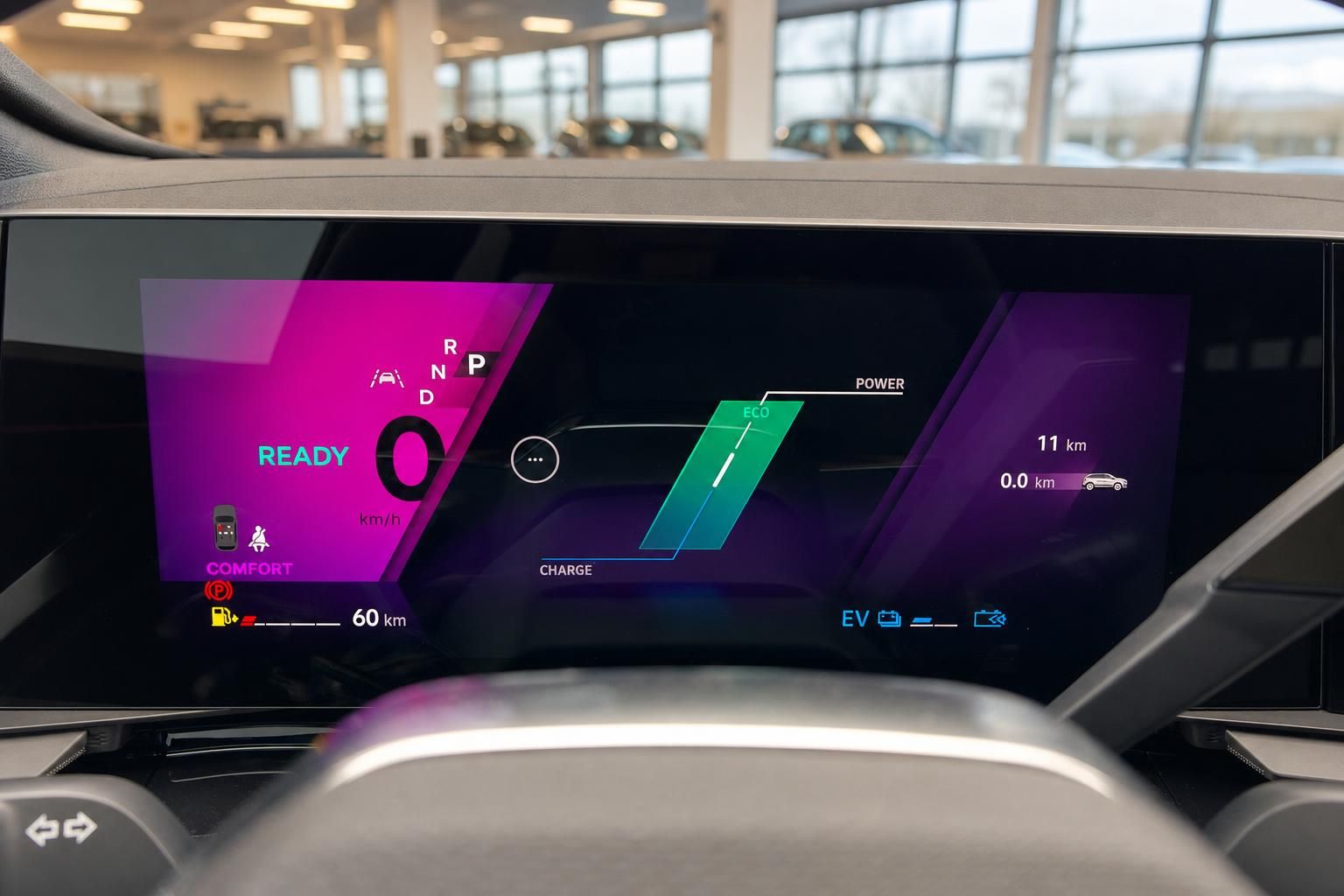 Digitales Armaturenbrett mit Elektrofahrzeug-Anzeige und Fahrmodus-Einstellungen