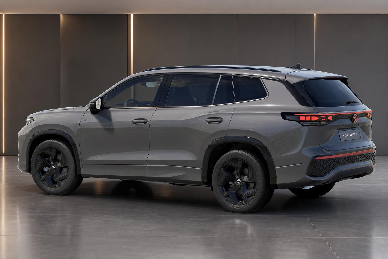 VW Tayron SUV in Grau, Seitenansicht mit schwarzen Felgen