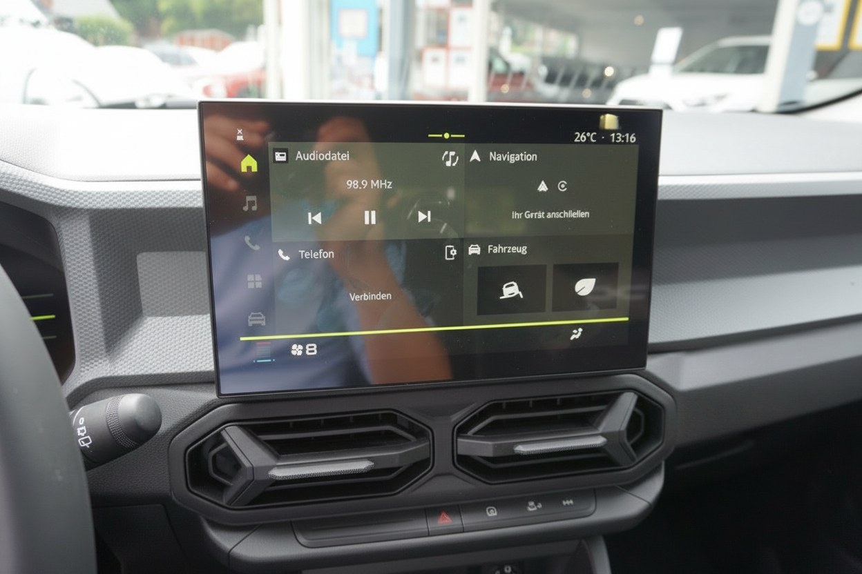 Fahrzeug-Infotainment-Display mit Navigation, Radio 98.9 MHz und Telefon-Menü im Innenraum