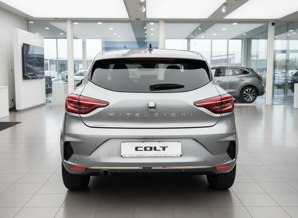 Mitsubishi Colt Heckansicht in Silber im Autohaus-Showroom