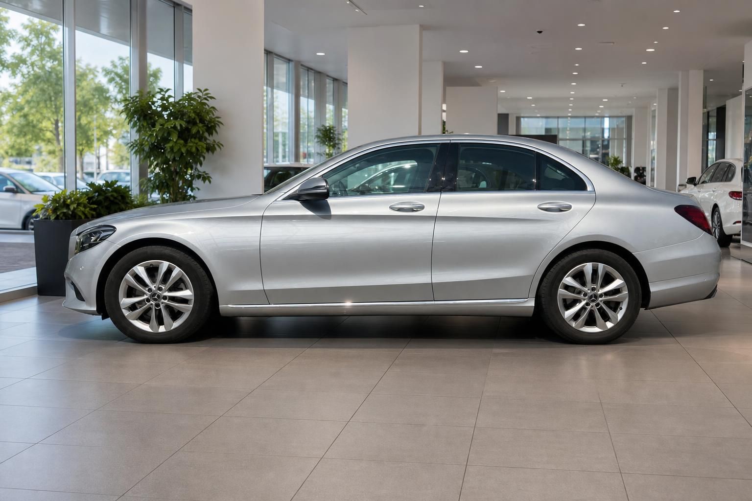 Mercedes-Benz C-Klasse Limousine silber Seitenansicht im Autohaus