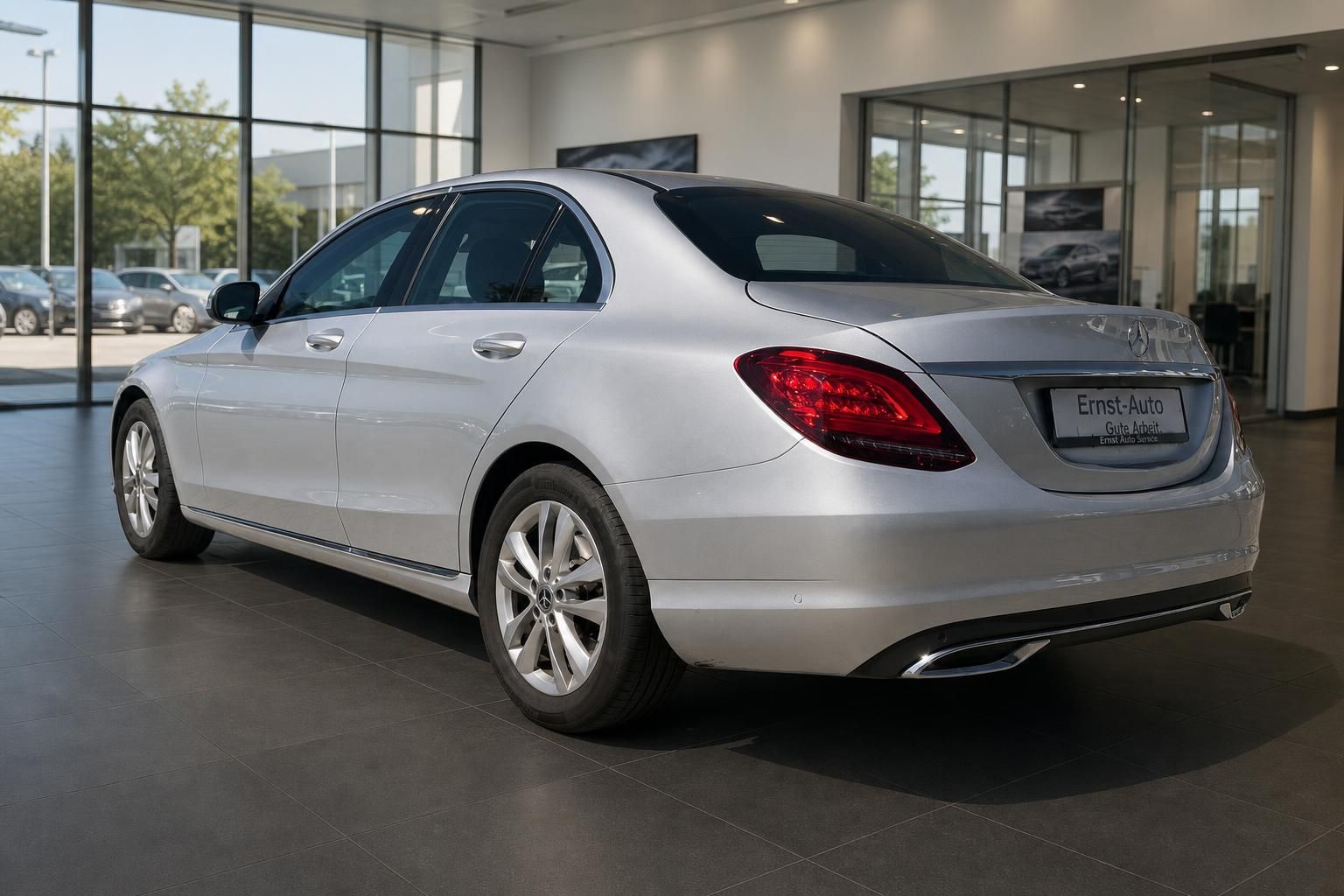 Mercedes-Benz C-Klasse Limousine silber Heckansicht im Autohaus