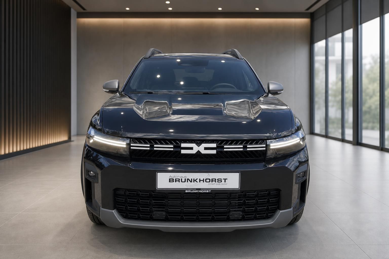 Dacia Bigster schwarz, Frontalansicht mit Kuehlergrill im Autohaus