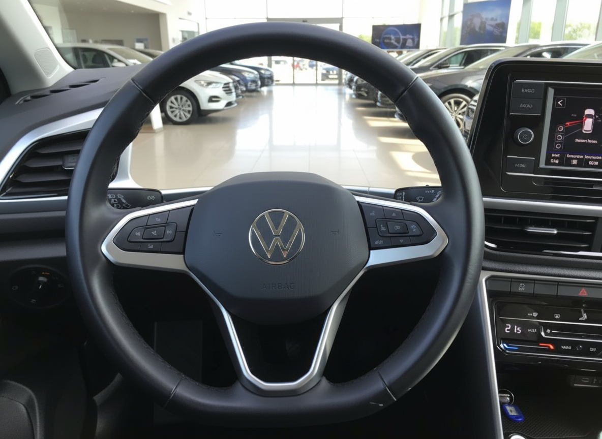 Volkswagen Innenraum mit Lenkrad und Infotainment-Display im Autohaus