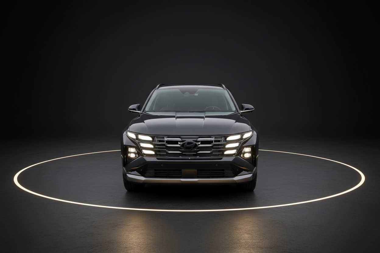 Hyundai Tucson Frontansicht in Schwarz mit markanten LED-Scheinwerfern und charakteristischem Kühlergrill in dunklem Studio mit kreisförmiger Beleuchtung