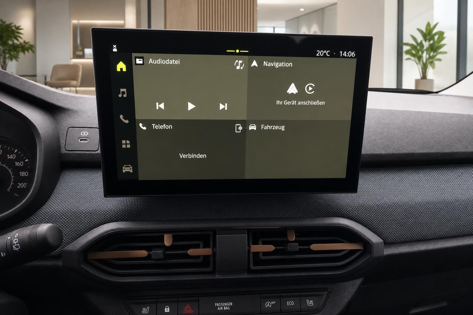 Dacia Infotainment-Bildschirm mit Navigation und Telefonfunktion im Detail