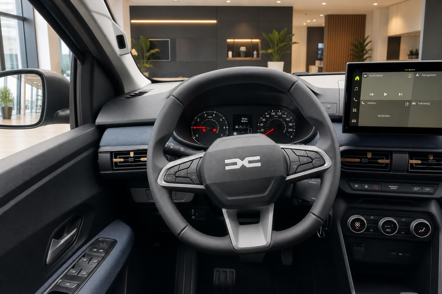 Dacia Cockpit mit Lenkrad, Digitaltacho und Infotainment-Display