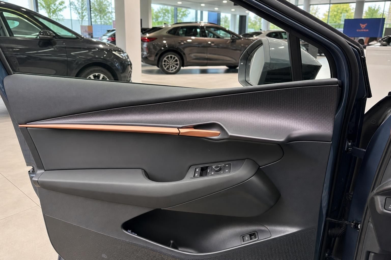 Cupra Türverkleidung mit Kupferakzent und Seitenspiegel im Detail