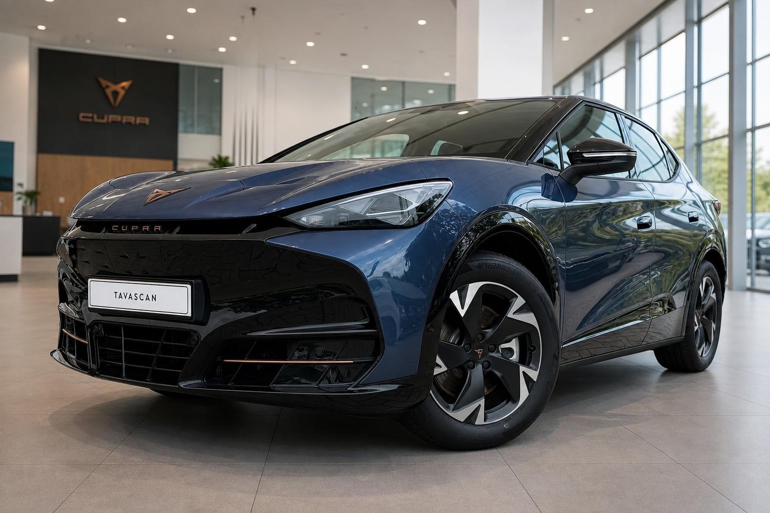 Cupra Tavascan Frontansicht in Dunkelblau im Autohaus