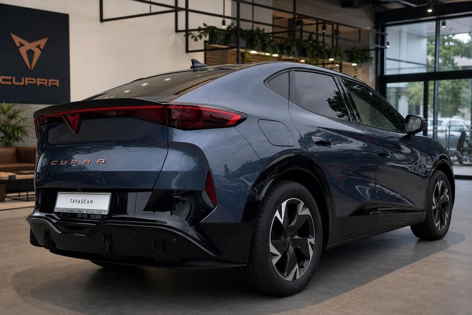 Cupra Tavascan Heck seitlich in Blau im Showroom