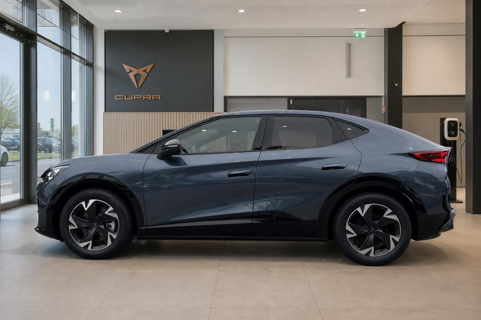 Cupra Tavascan in Dunkelblau seitliche Ansicht im Autohaus