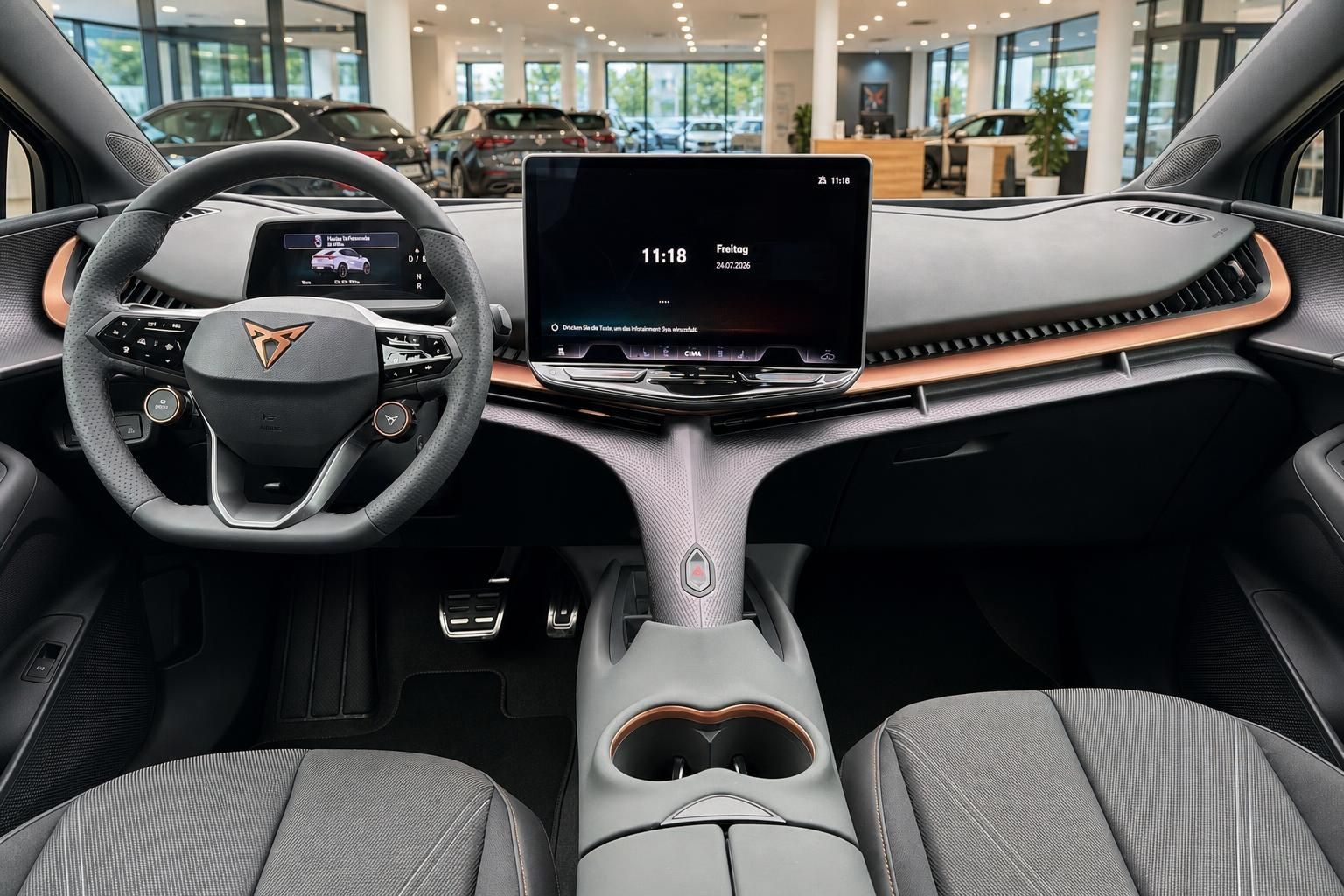 Cupra Cockpit mit Lenkrad, Touchscreen und Mittelkonsole im Detail