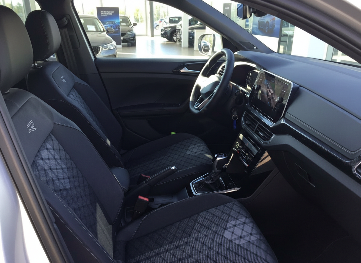 VW T-Roc Innenraum mit schwarzen Sportsitzen, Automatikgetriebe und digitalem Infotainment-Display