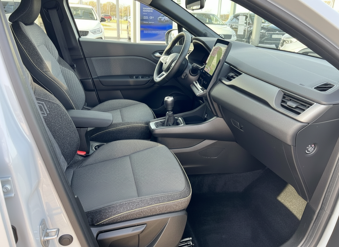 Renault Clio Innenraum Fahrersitz Beifahrersitz Schaltgetriebe Touchscreen Navigation grau