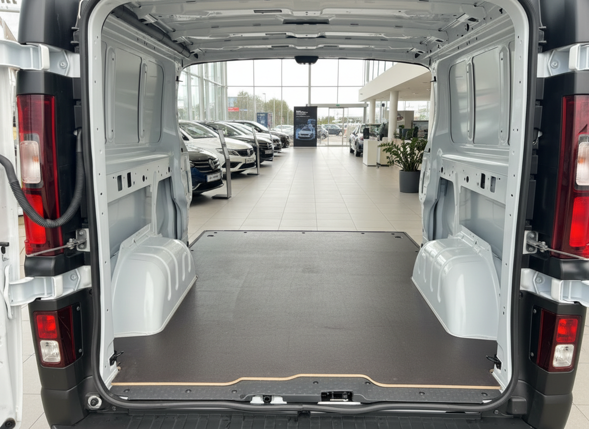 Laderaumansicht weißer Transporter mit geöffneten Hecktüren in Autohaus-Showroom