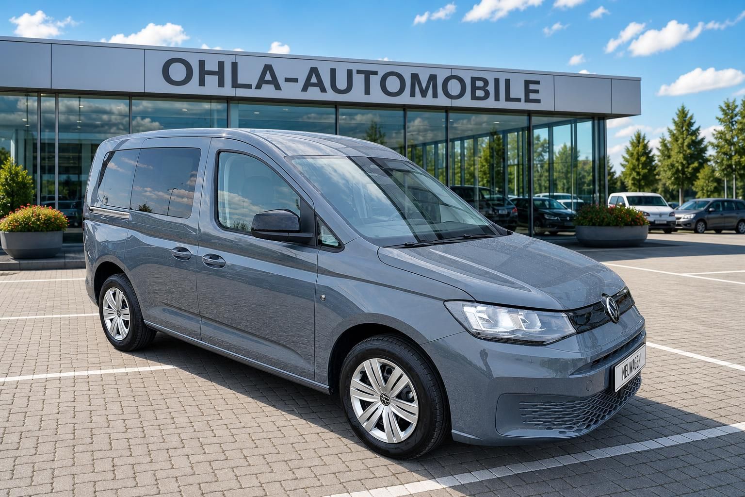VW Caddy grau in Frontansicht vor Autohaus Ohla-Automobile