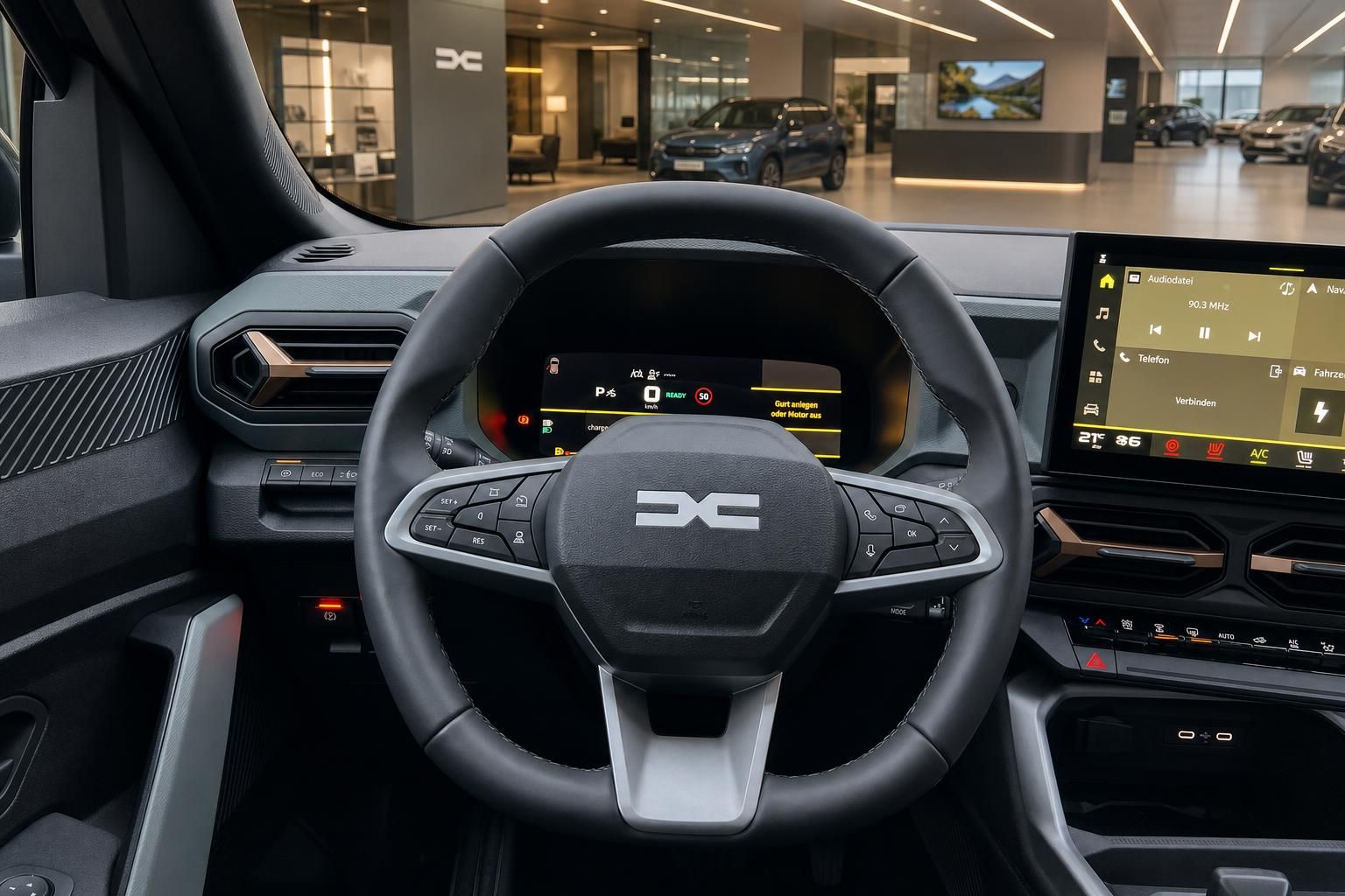 Cockpit und Armaturenbrett eines modernen Fahrzeugs mit digitalem Display und Lenkrad