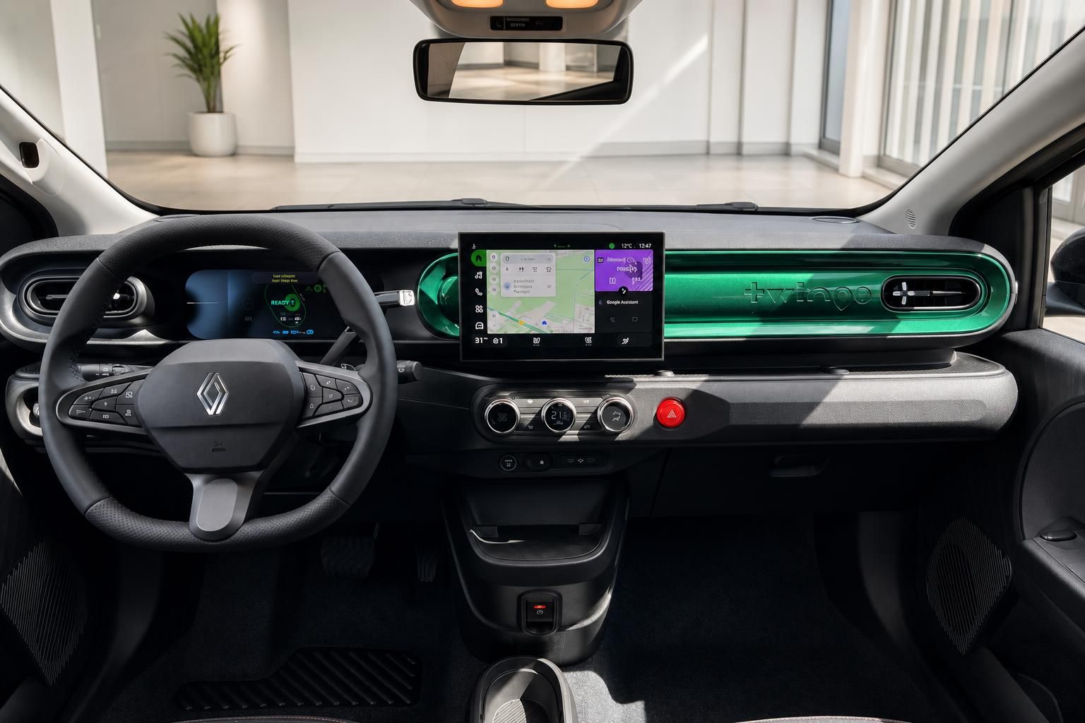 Renault Twingo Armaturenbrett mit digitalem Touchscreen, grünen Akzenten und modernem Lenkrad im Detail