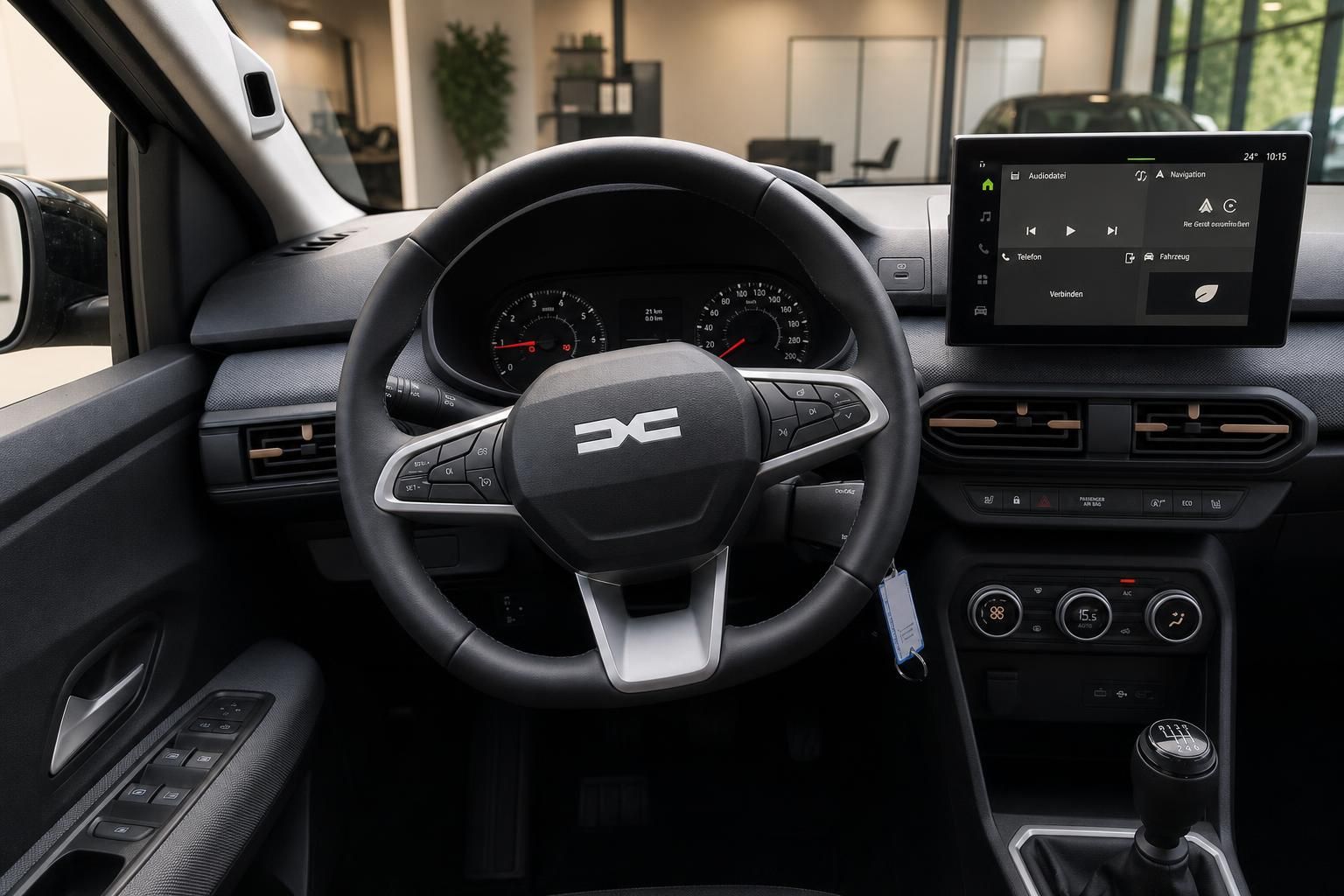 Dacia Cockpit mit Lenkrad, Tacho und Touchscreen-Infotainment im Detail