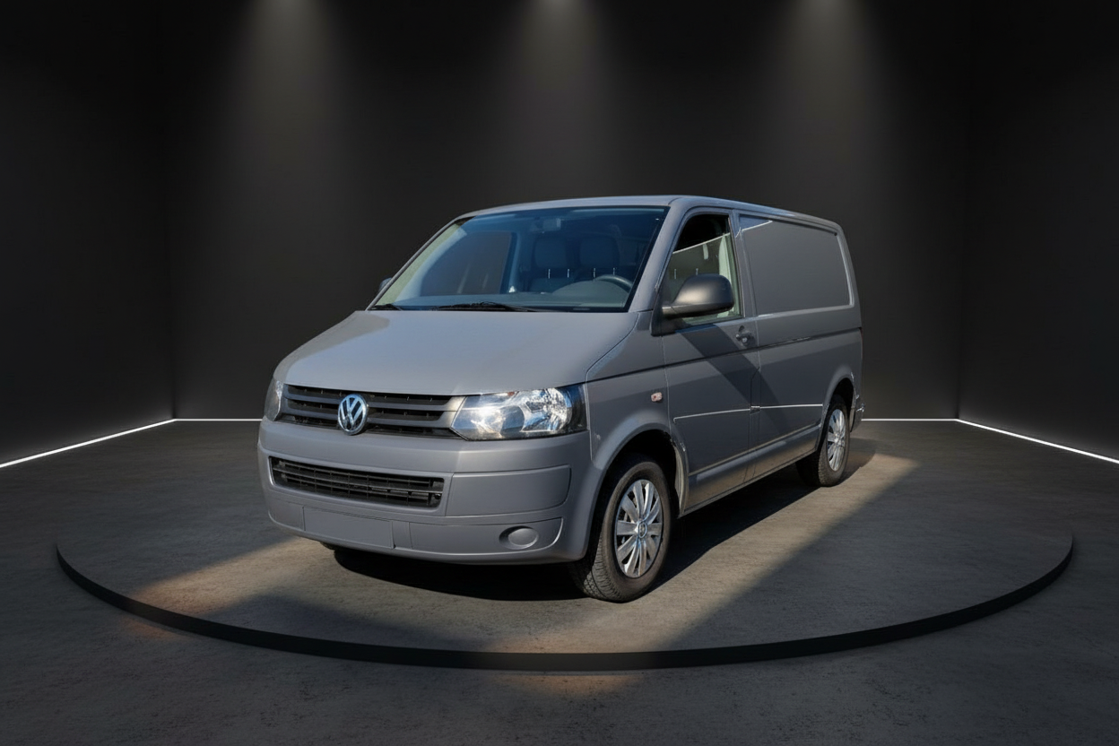 Grauer Volkswagen Transporter T5 Kastenwagen in Studiobeleuchtung