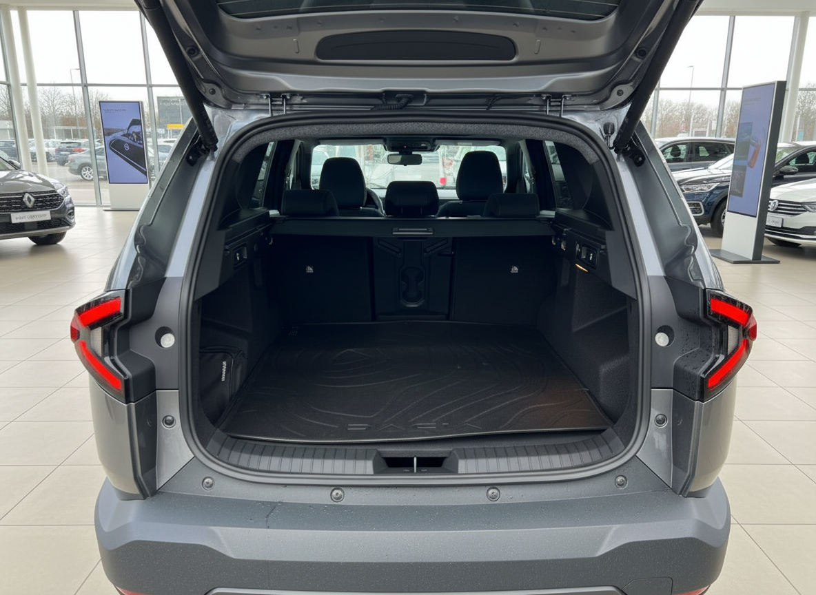 Grauer SUV Kofferraum geöffnet im Autohaus – großes Ladevolumen mit schwarzer Gummimatte