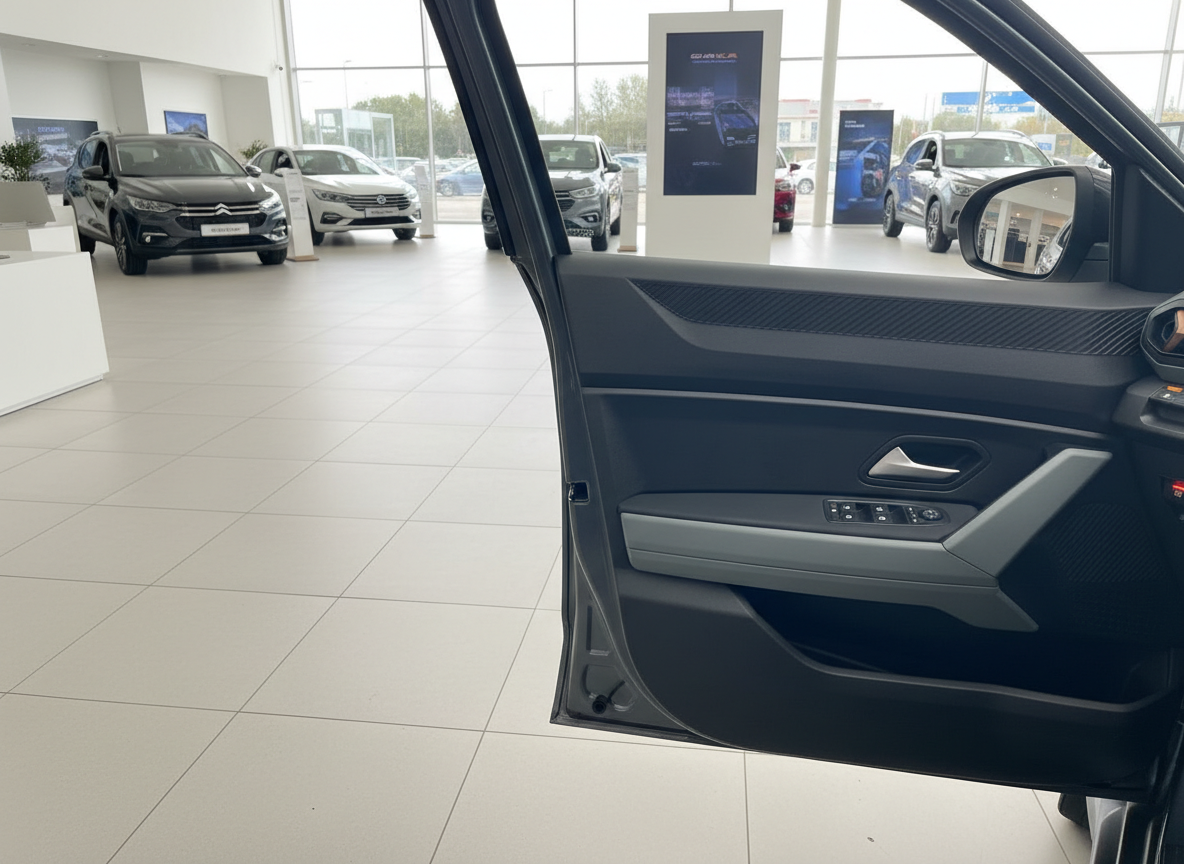 Fahrzeugtür von innen in modernem Autohaus mit weiteren Ausstellungsfahrzeugen im Hintergrund