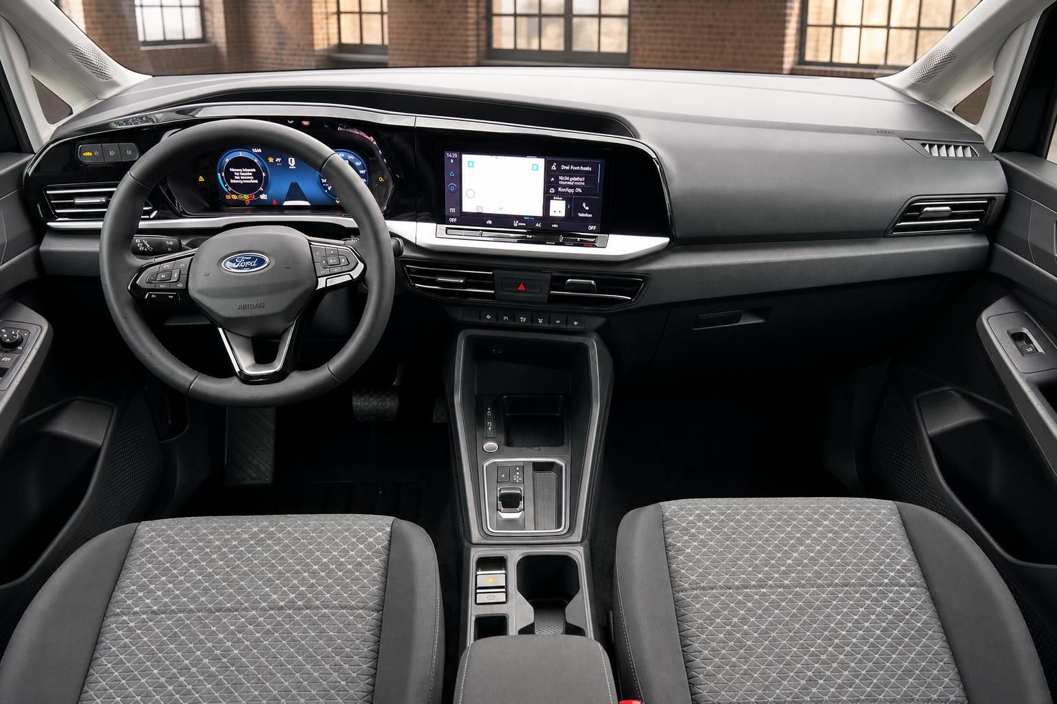 Ford Tourneo Connect Innenraum Übersicht mit Lenkrad, Doppel-Touchscreen und grau-schwarzen Sitzen