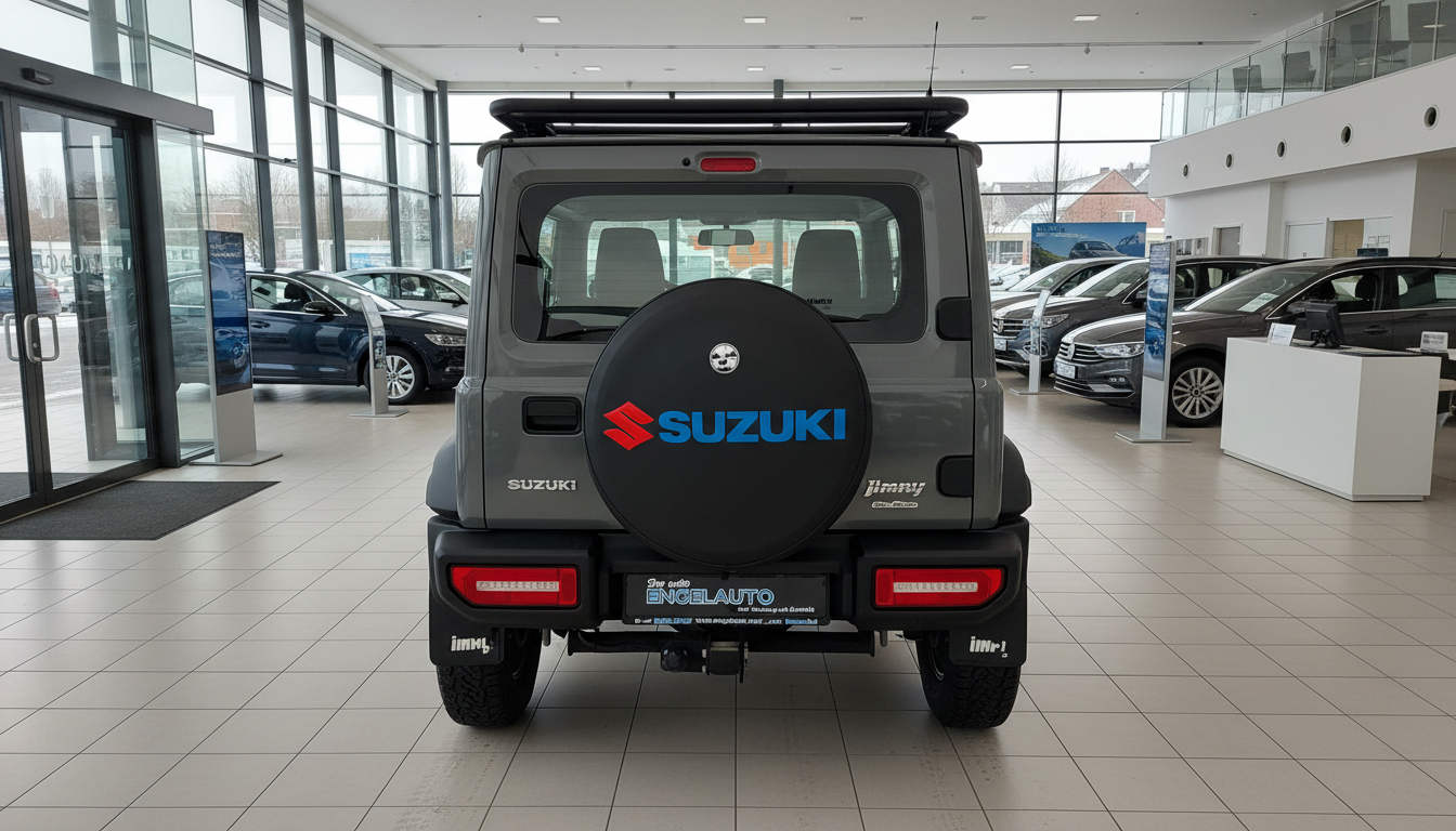 Suzuki Jimny Geländewagen in Grau mit Ersatzrad am Heck im Autohaus Engelauto Showroom - Rückansicht des kompakten 4x4 Offroaders