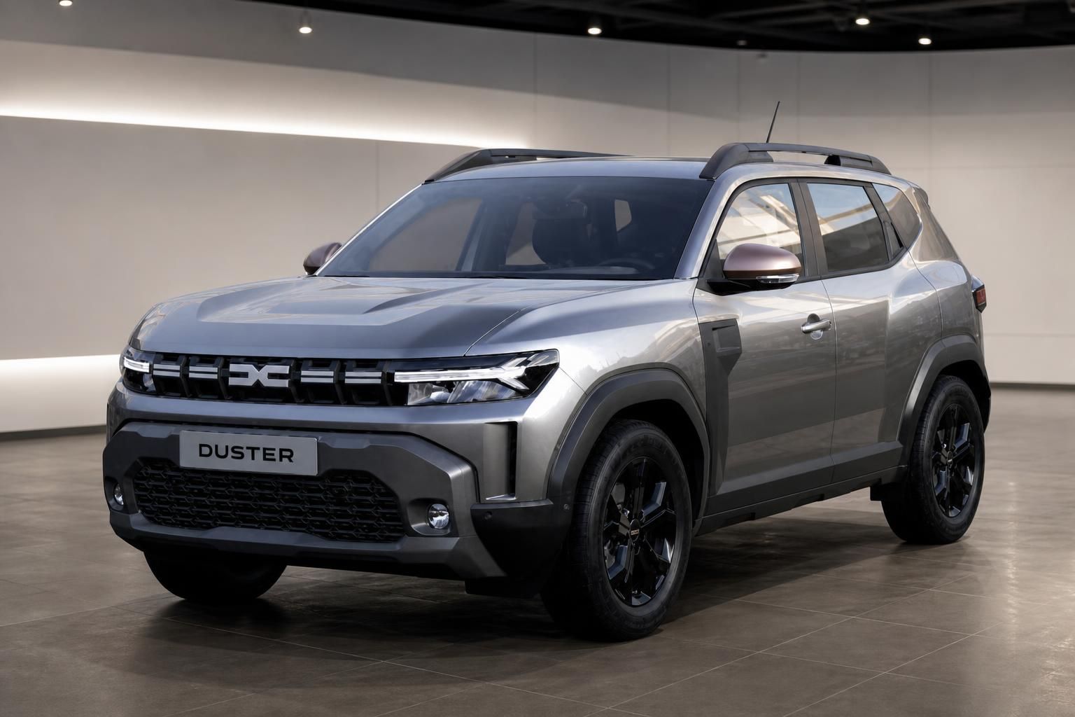 Dacia Duster SUV in grau, Frontansicht mit schwarzen Felgen und modernem Design