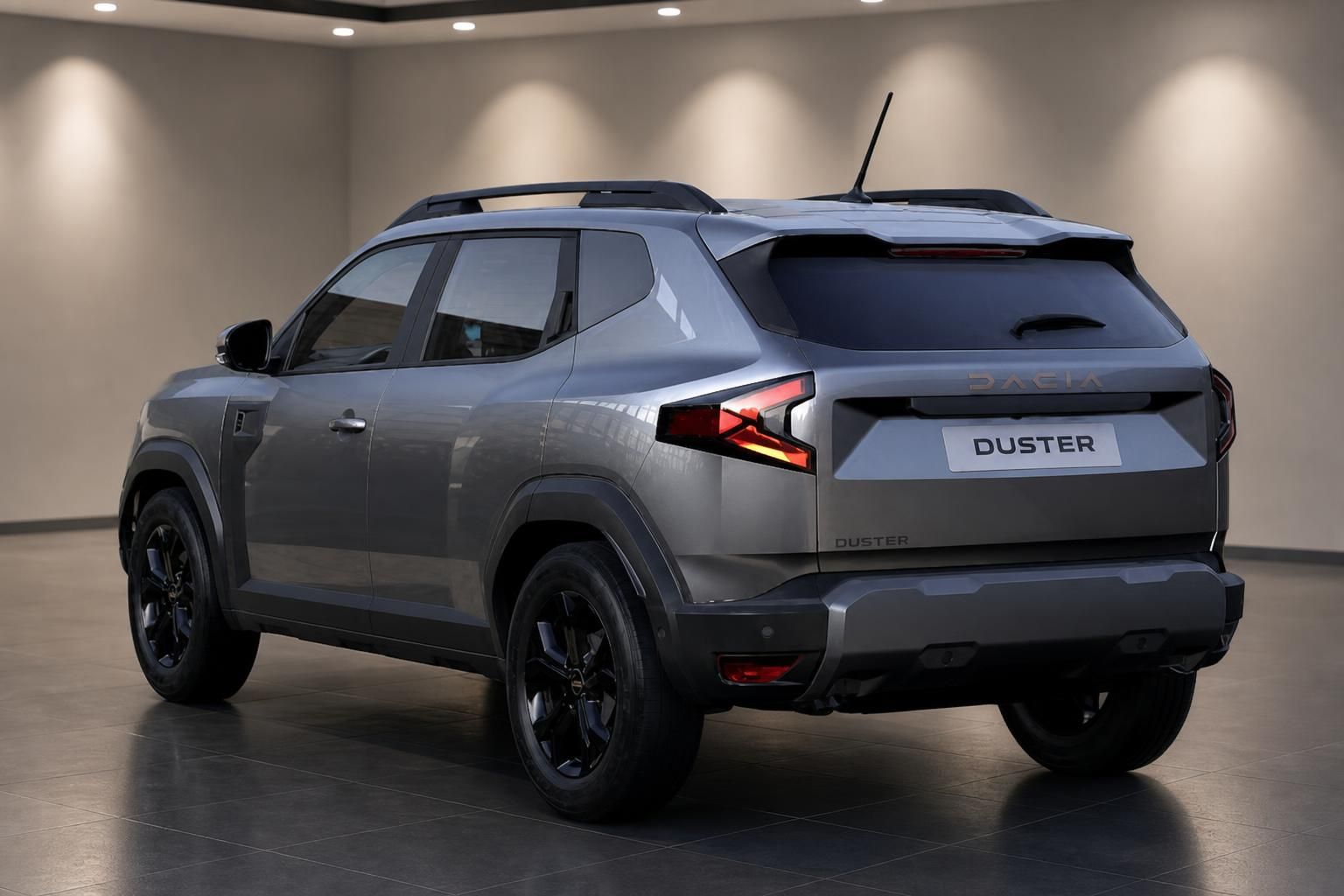 Dacia Duster SUV Heckansicht in grau mit LED-Rücklichtern und DACIA Schriftzug