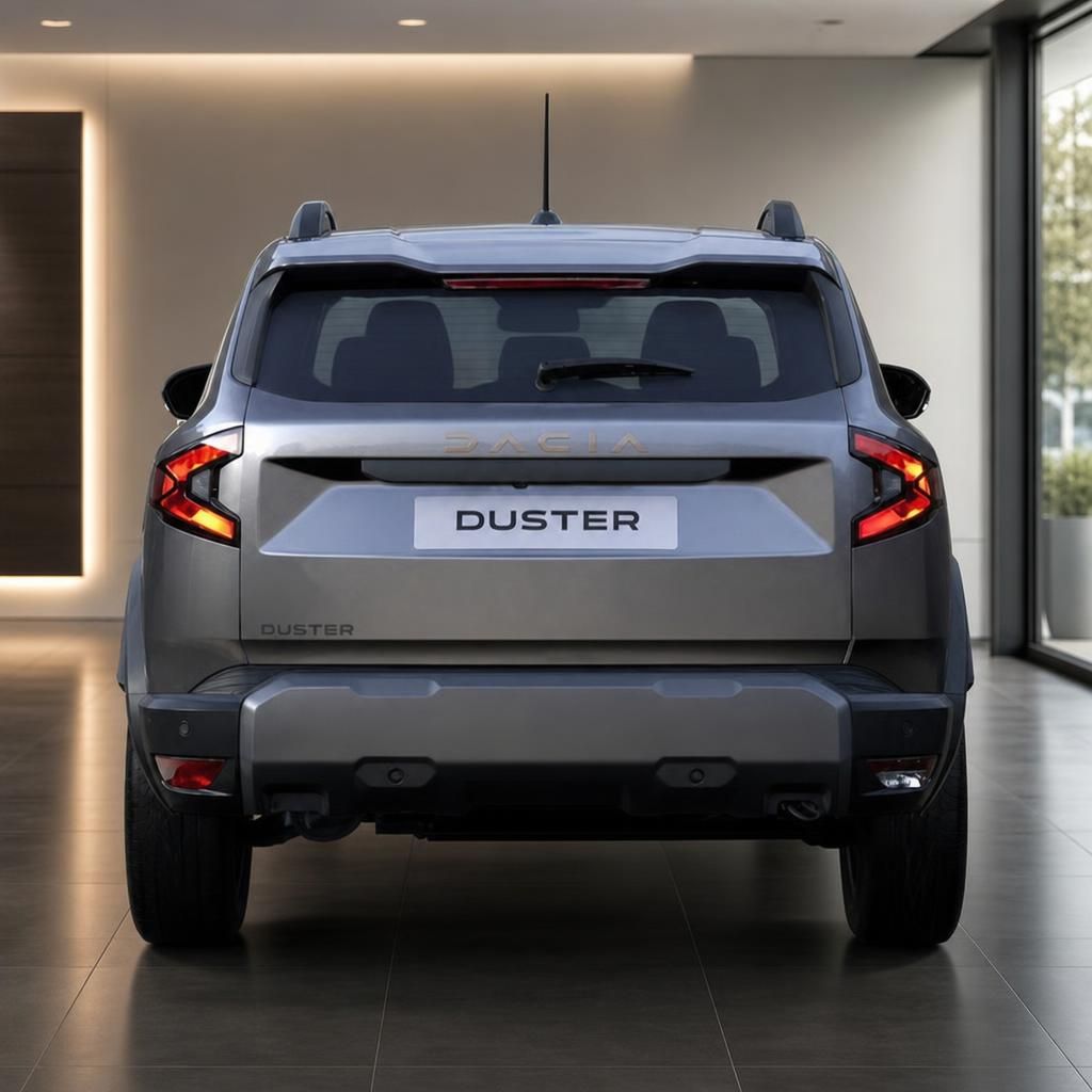 Dacia Duster SUV Heckansicht in grauer Farbe im modernen Autohaus Showroom